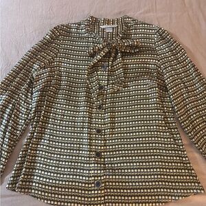 Peter Nygard Yellow and Navy Geometric Tie Neck Silk Blouse